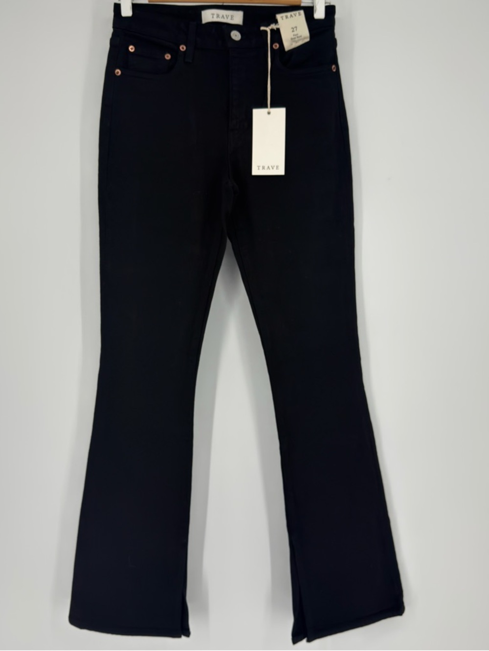 TRAVE 27 Faye Demi Boot Black High-Rise Flared Jeans With Leg Slit NWT $248